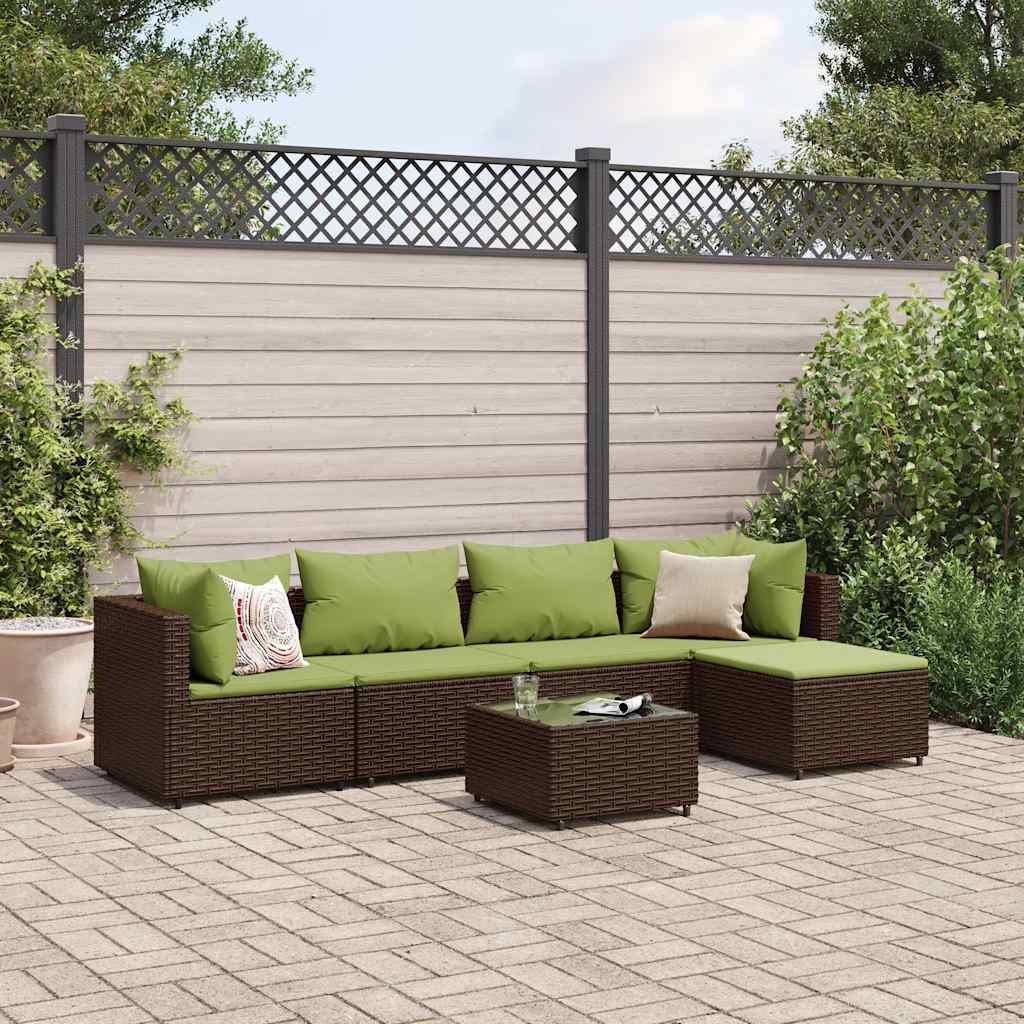 6 Pcs conj. lounge jardim c/ almofadões 6 pcs vime PE castanho