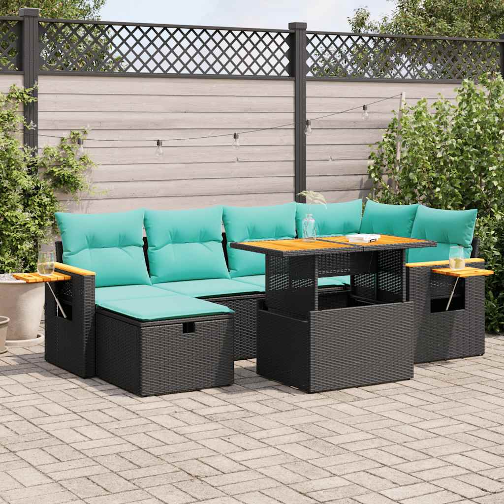 7 Pcs conj. sofás jardim c/ almofadões vime PE/acácia castanho