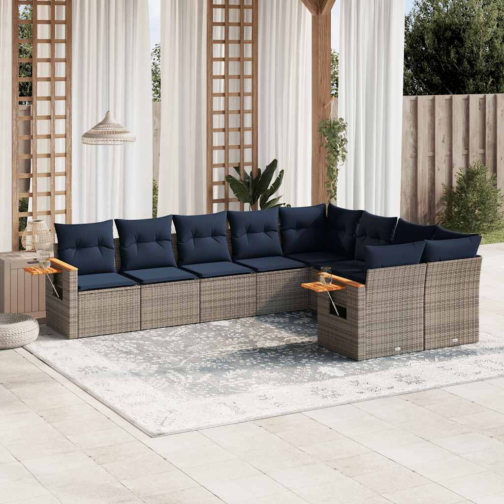 9 Pcs conjunto sofás p/ jardim c/ almofadões vime PE cinzento
