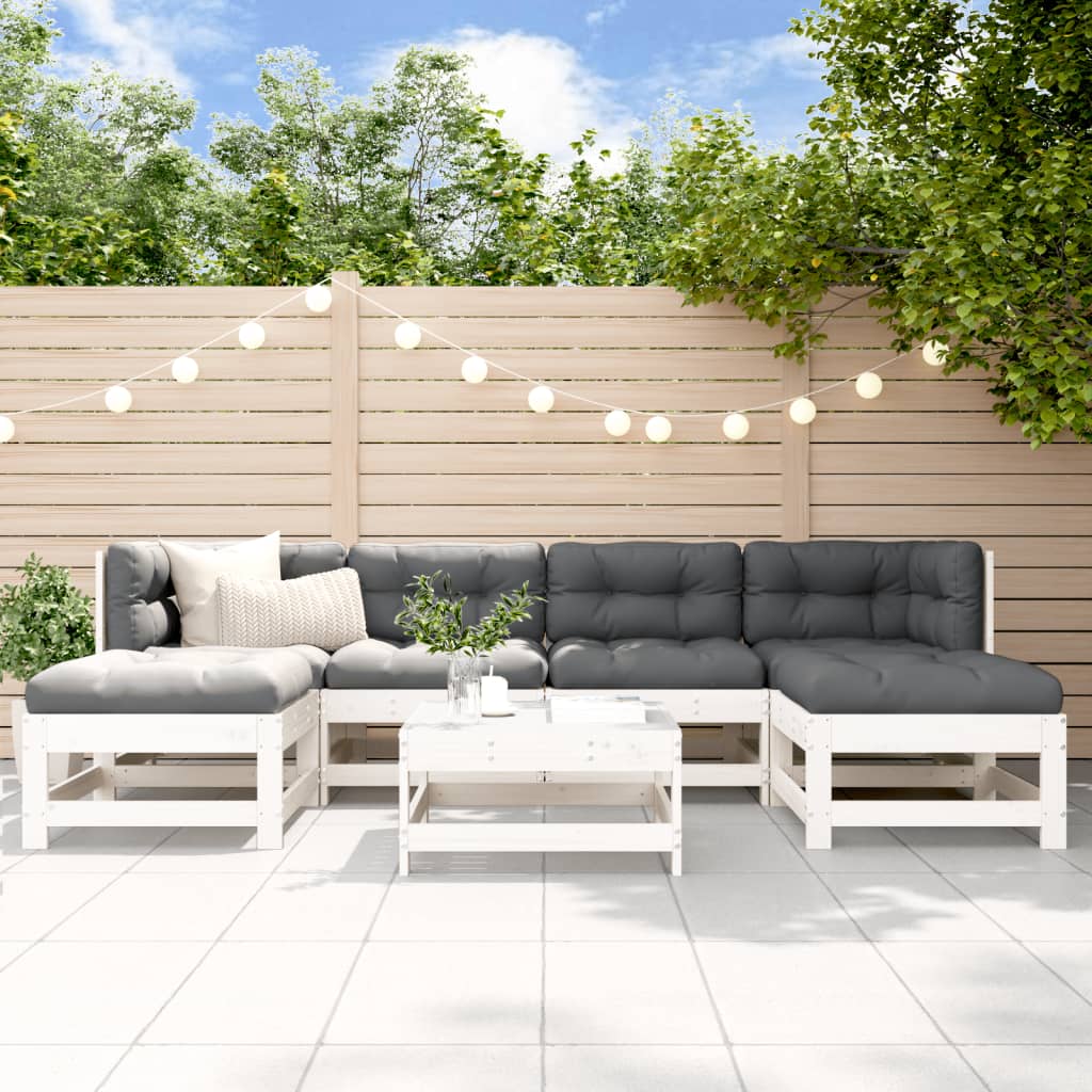 7Pcs conjunto lounge jardim c/ almofadões madeira maciça branco