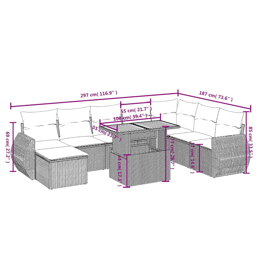 9 Pcs conjunto de sofás p/ jardim c/ almofadões vime PE preto