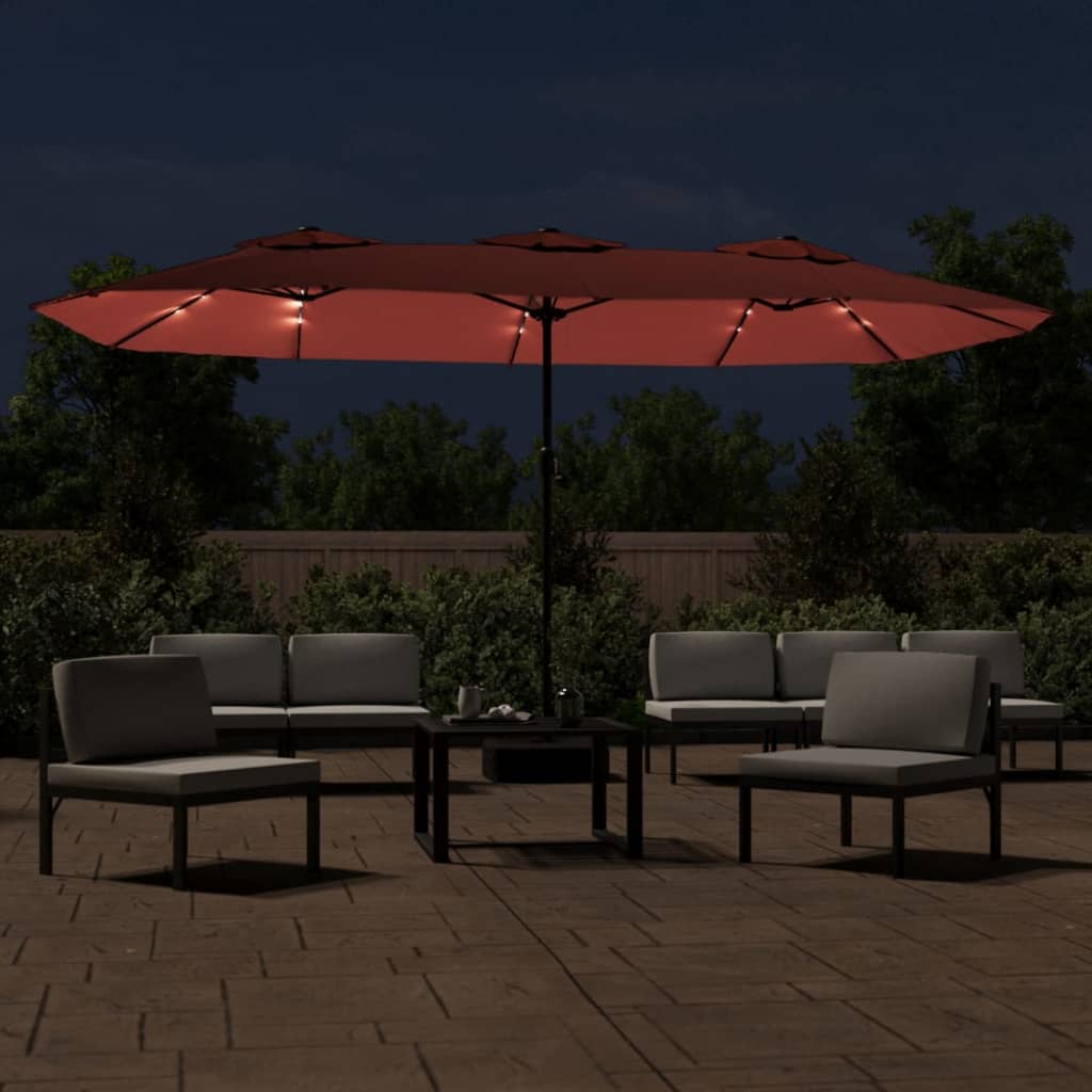 Guarda-sol de jardim c/ cabeça dupla/LED 449x265 cm terracotta