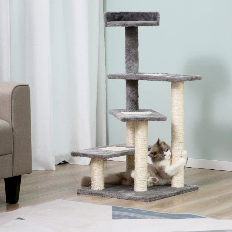 Arranhador 3 plataformas para arranhar 48x48x99.5 cm de madeira coberta de pelucía sisal