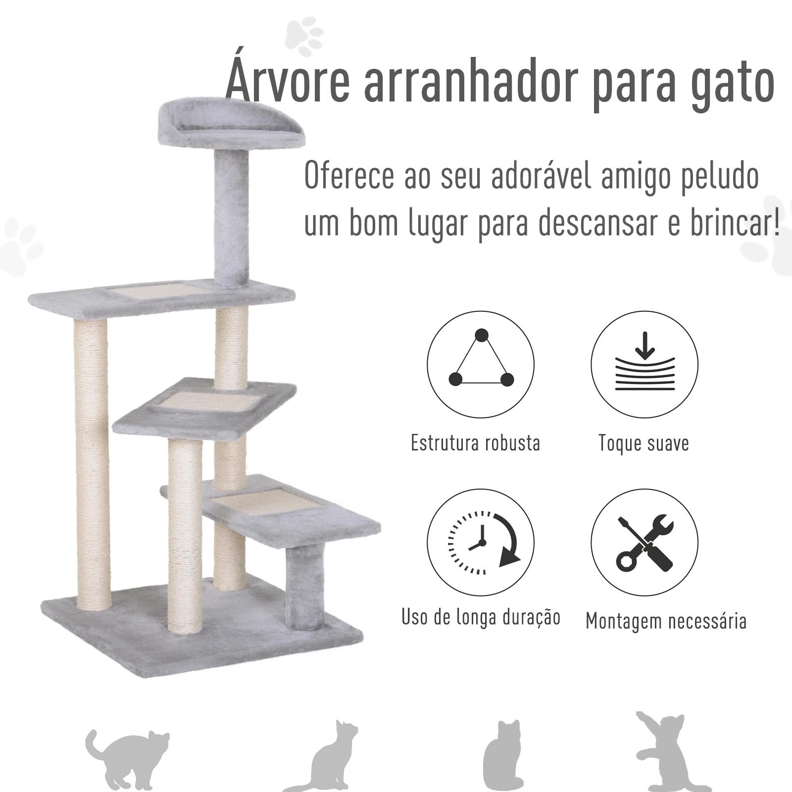 Arranhador 3 plataformas para arranhar 48x48x99.5 cm de madeira coberta de pelucía sisal