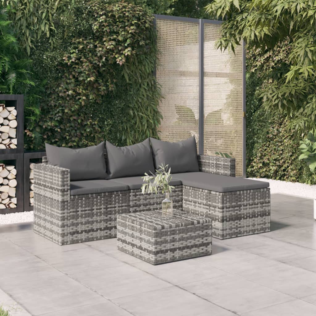 3 Pcs conjunto lounge de jardim c/ almofadões vime PE cinzento