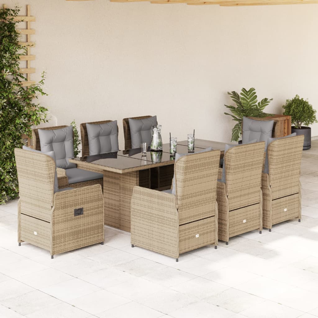 9 Pcs conjunto de jantar p/ jardim com almofadões vime PE bege