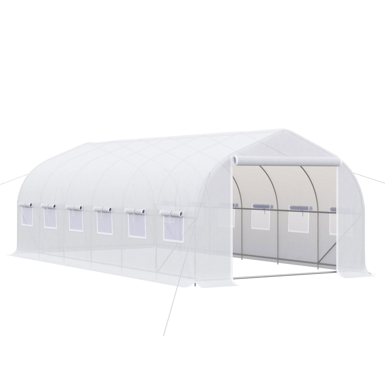 Estufa Tipo Túnel 595x300x200cm Estufa de Jardim Grande com 12 Janelas e Porta Enrolável com Zíper para Cultivo de Plantas Branc