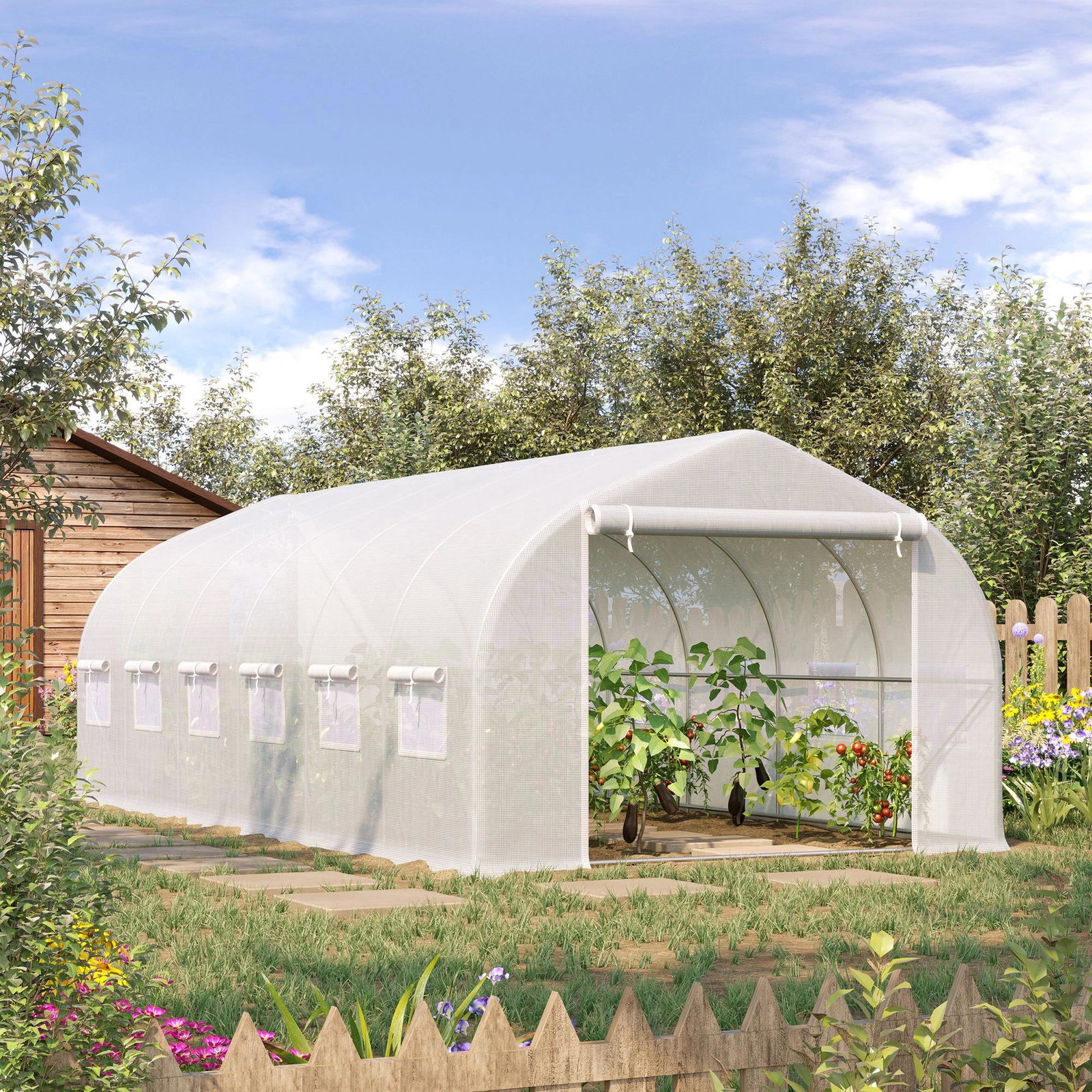 Estufa Tipo Túnel 595x300x200cm Estufa de Jardim Grande com 12 Janelas e Porta Enrolável com Zíper para Cultivo de Plantas Branc