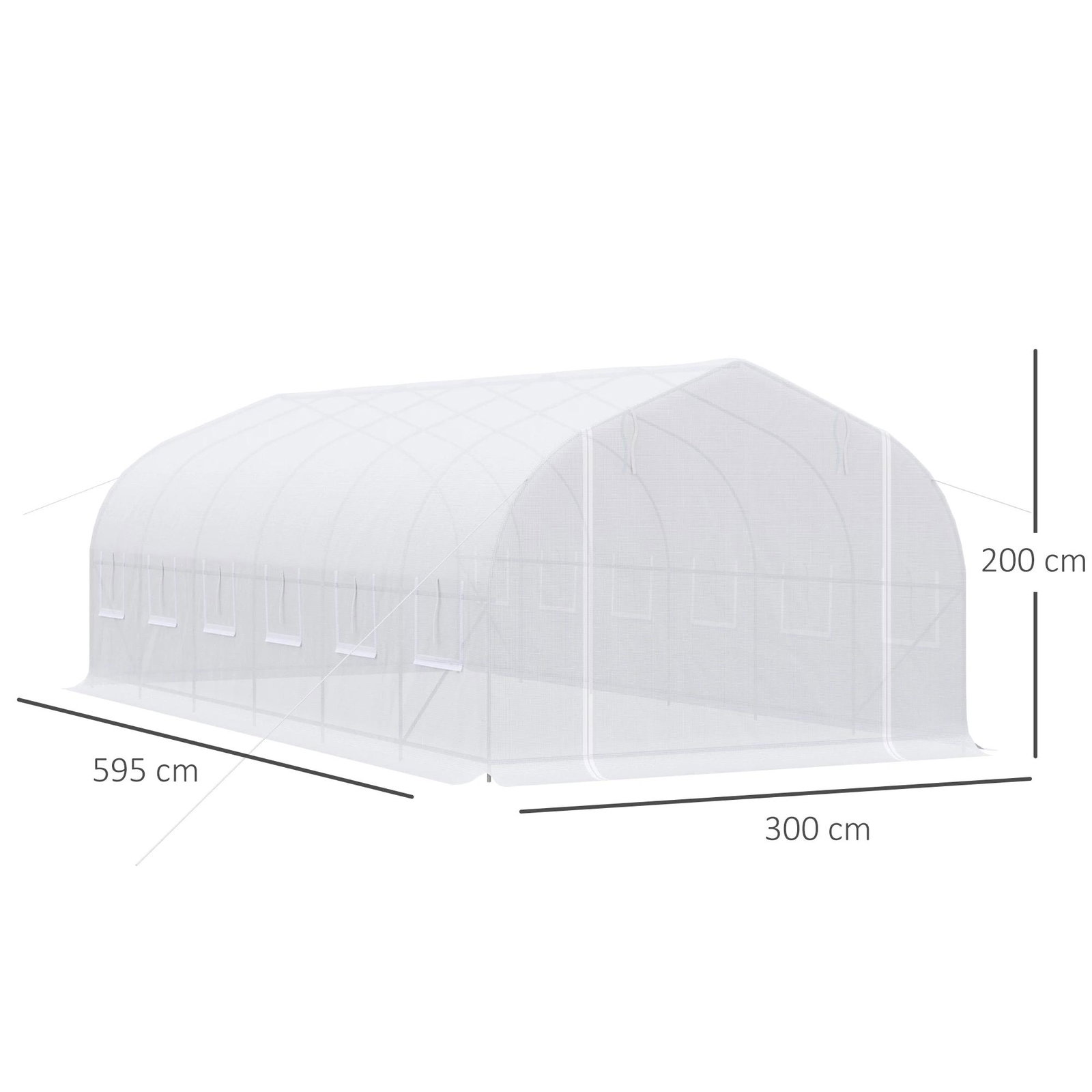 Estufa Tipo Túnel 595x300x200cm Estufa de Jardim Grande com 12 Janelas e Porta Enrolável com Zíper para Cultivo de Plantas Branc