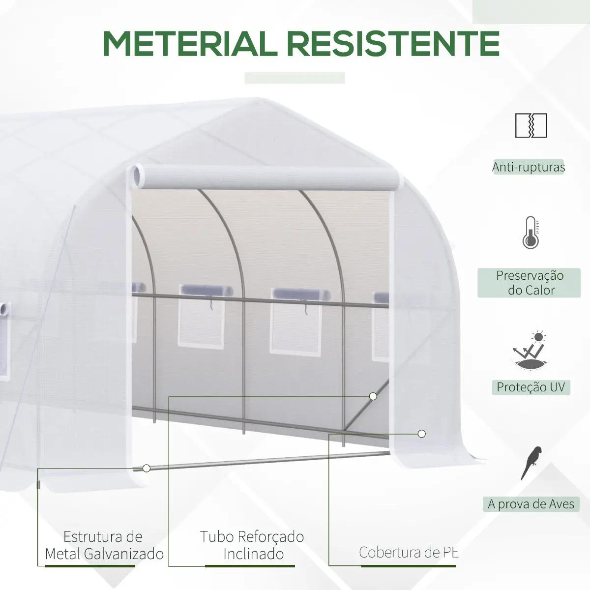 Estufa Tipo Túnel 595x300x200cm Estufa de Jardim Grande com 12 Janelas e Porta Enrolável com Zíper para Cultivo de Plantas Branc