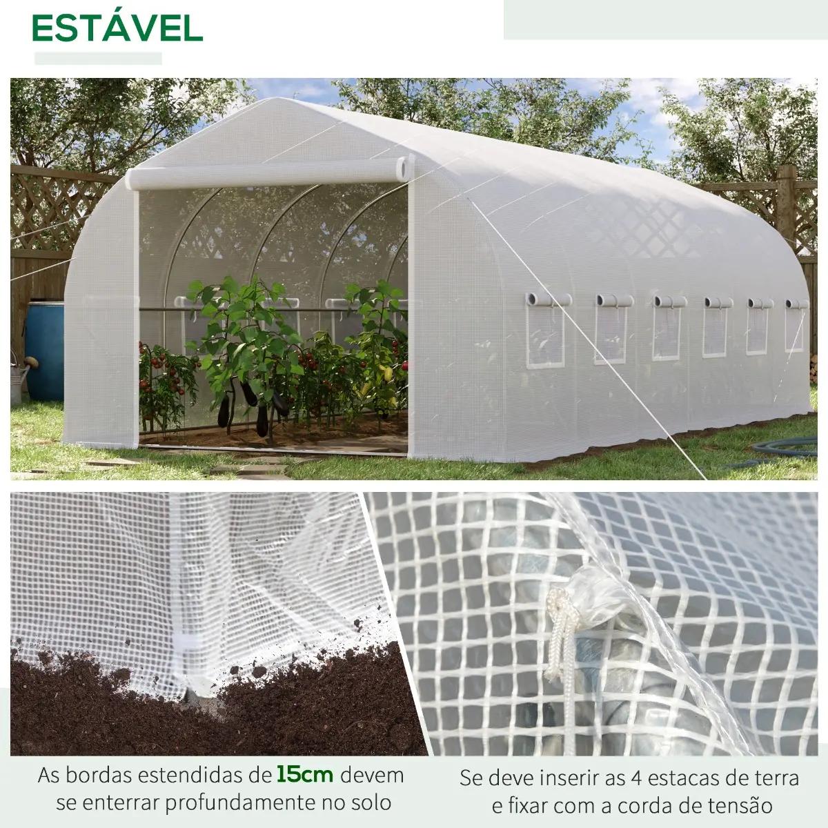 Estufa Tipo Túnel 595x300x200cm Estufa de Jardim Grande com 12 Janelas e Porta Enrolável com Zíper para Cultivo de Plantas Branc