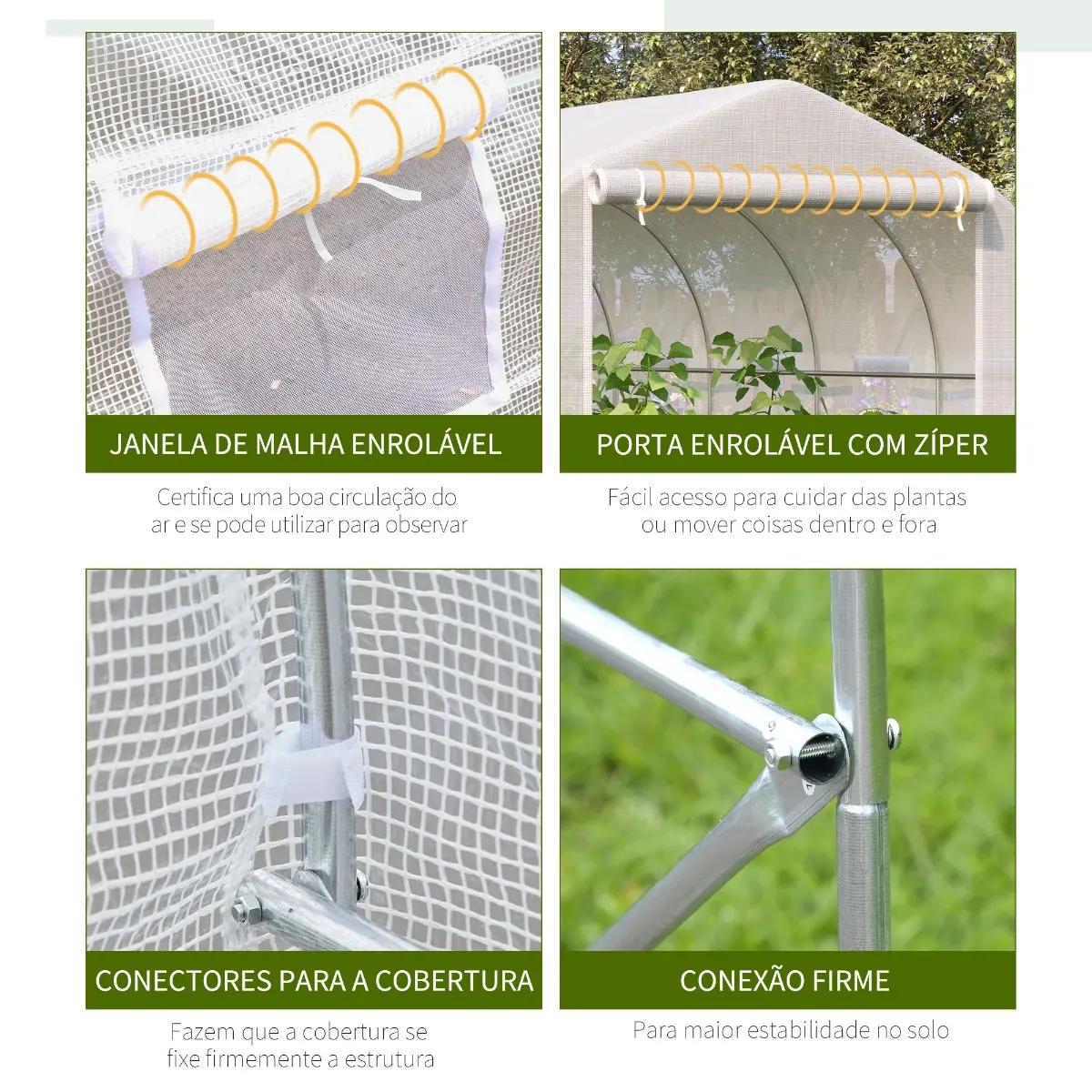 Estufa Tipo Túnel 595x300x200cm Estufa de Jardim Grande com 12 Janelas e Porta Enrolável com Zíper para Cultivo de Plantas Branc
