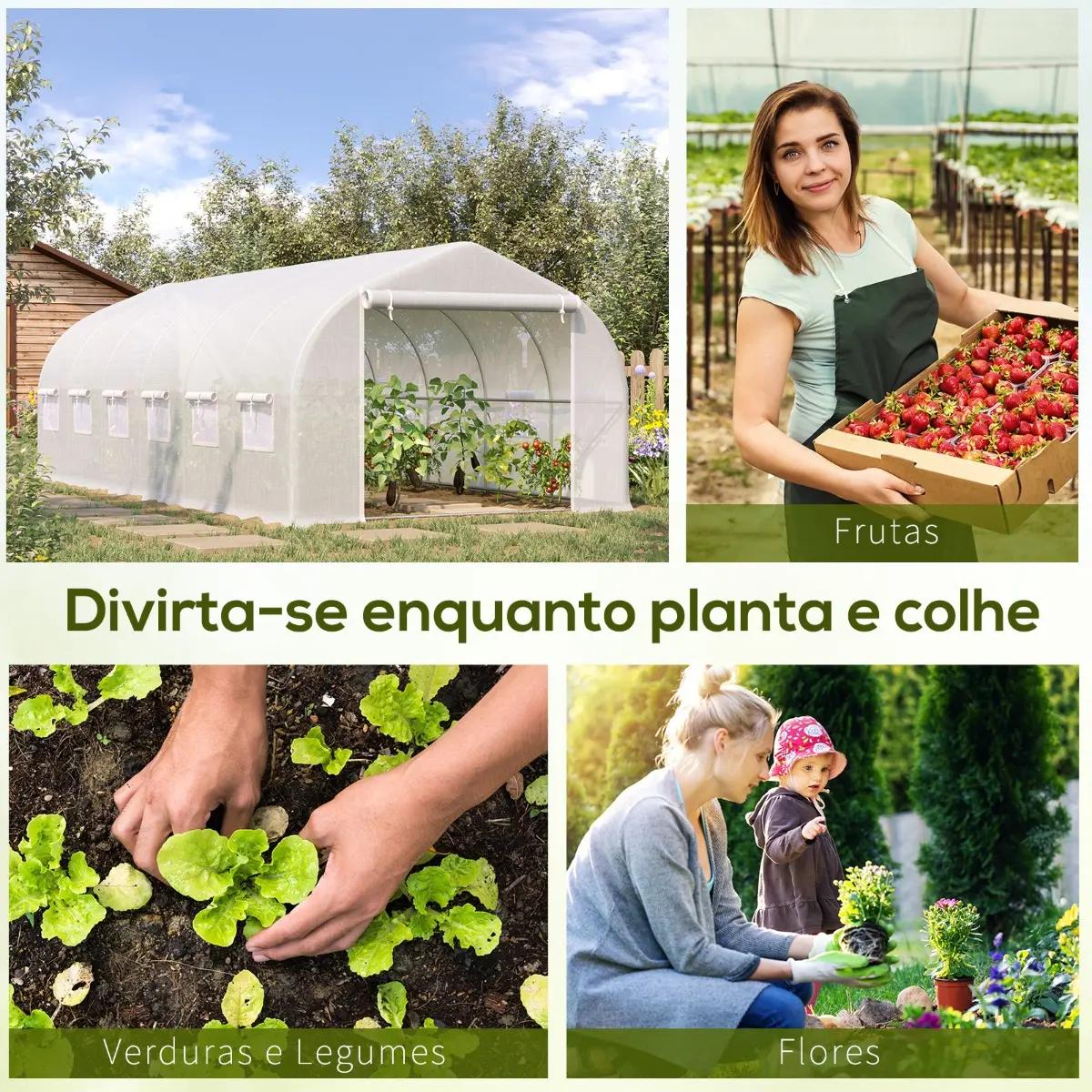Estufa Tipo Túnel 595x300x200cm Estufa de Jardim Grande com 12 Janelas e Porta Enrolável com Zíper para Cultivo de Plantas Branc