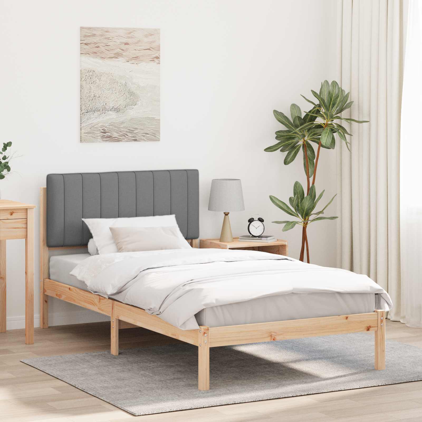 Estrutura de cama com cabeceira estofada cinzento-claro