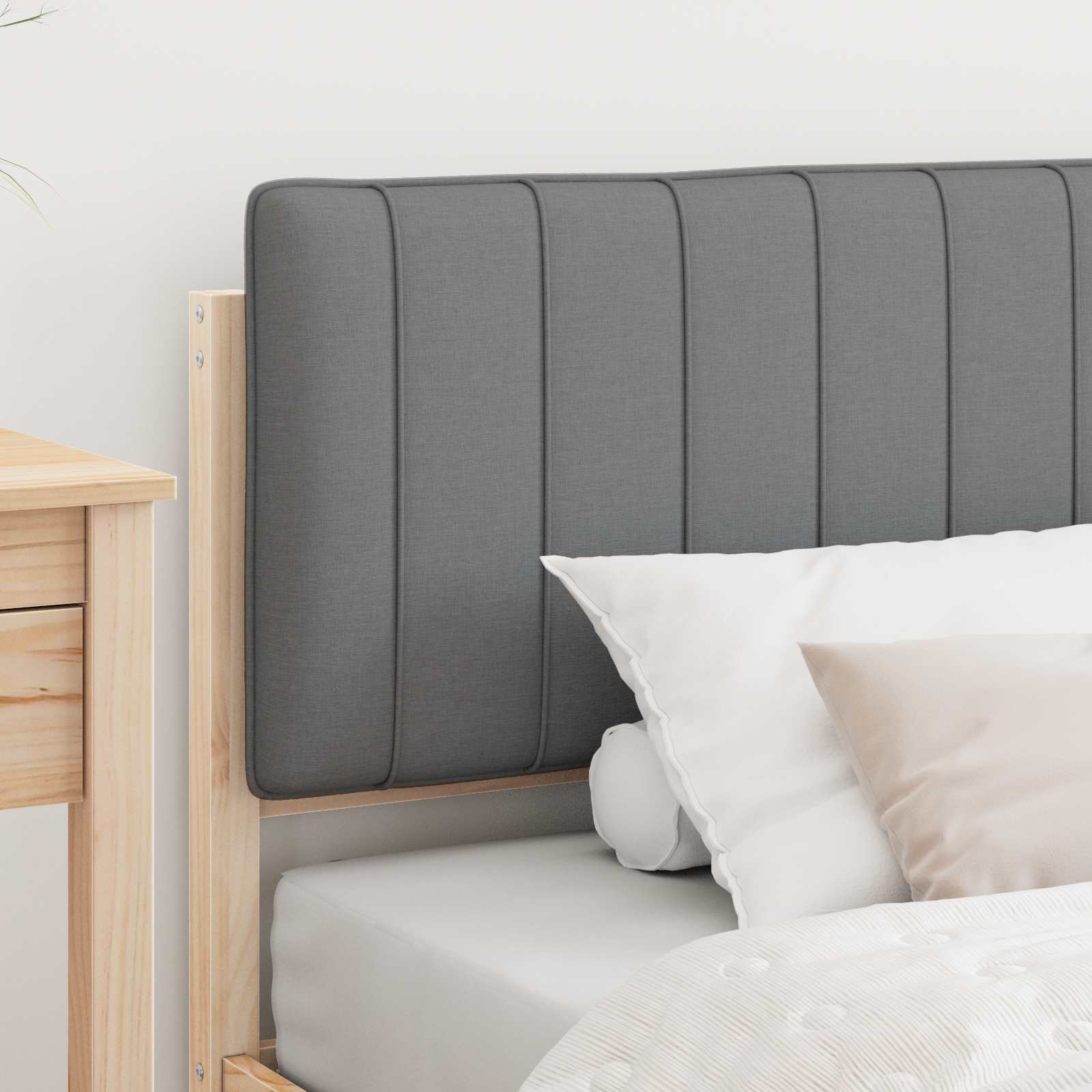 Estrutura de cama com cabeceira estofada cinzento-claro