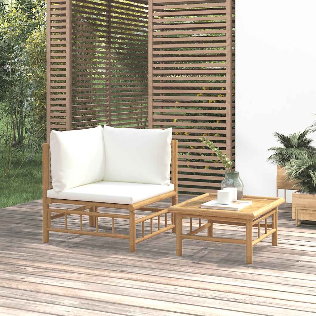 2 Pcs conjunto lounge de jardim bambu c/ almofadões branco nata