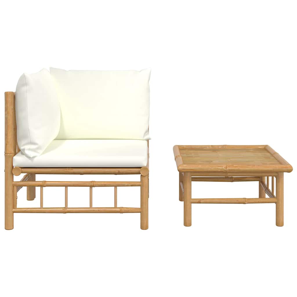 2 Pcs conjunto lounge de jardim bambu c/ almofadões branco nata