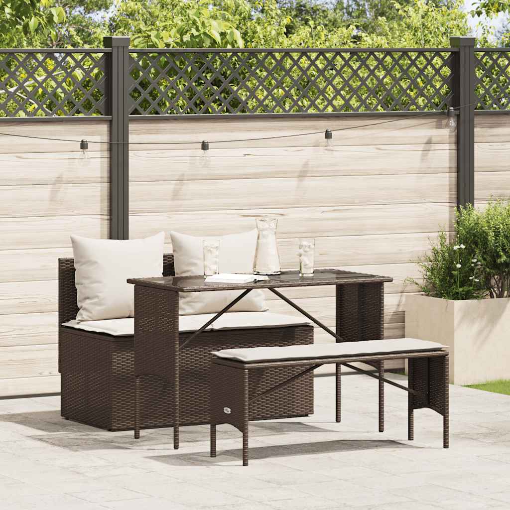 3 Pcs conjunto jantar p/ jardim c/ almofadões vime PE castanho