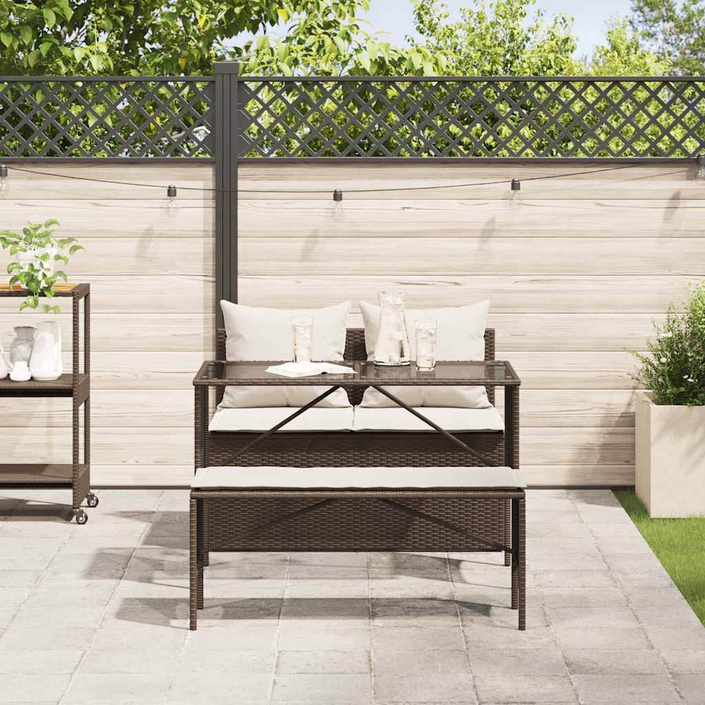 3 Pcs conjunto jantar p/ jardim c/ almofadões vime PE castanho