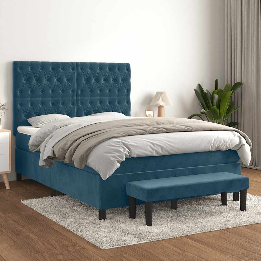 Cama com molas/colchão 140x190 cm veludo azul-escuro