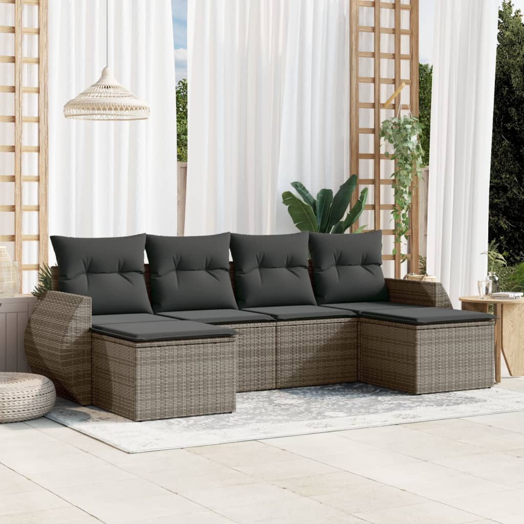 6 Pcs conjunto sofás de jardim com almofadões vime cinzento