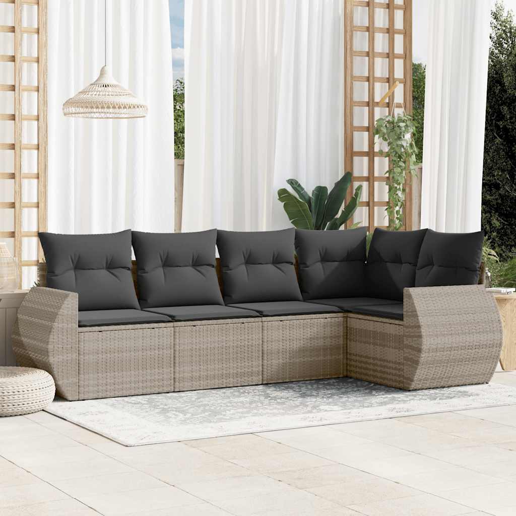 5 Pcs conj. sofás jardim c/ almofadões vime PE cinzento-claro