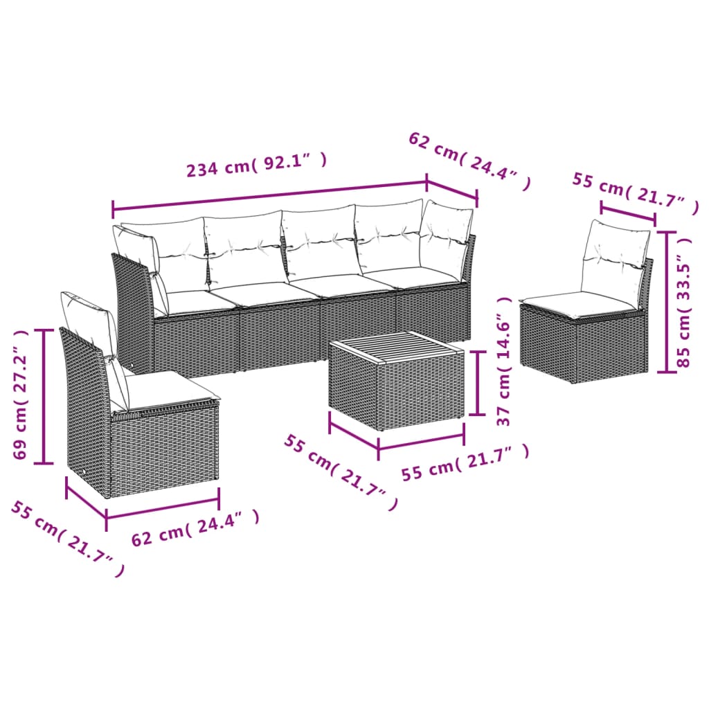 7 Pcs conjunto sofás p/ jardim c/ almofadões vime PE cinzento