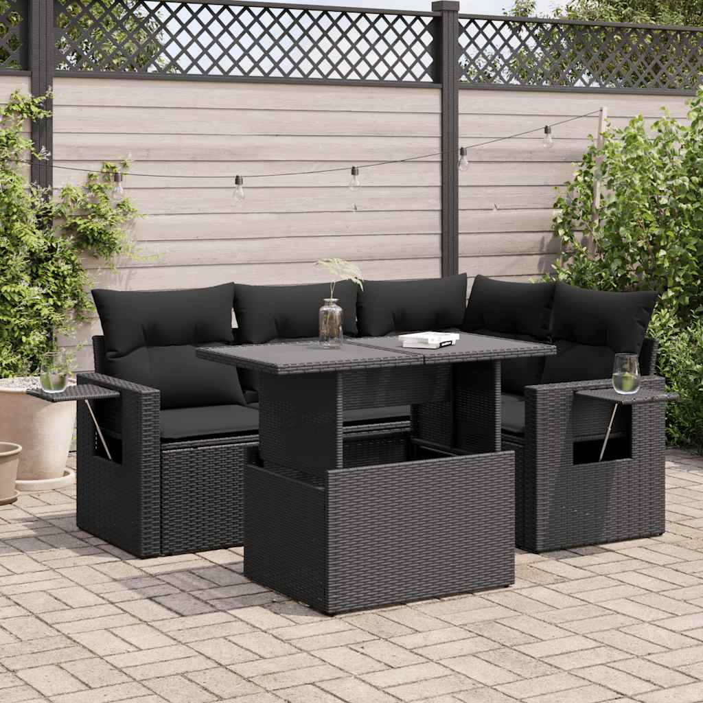 5 Pcs conjunto sofás de jardim com almofadões vime PE preto