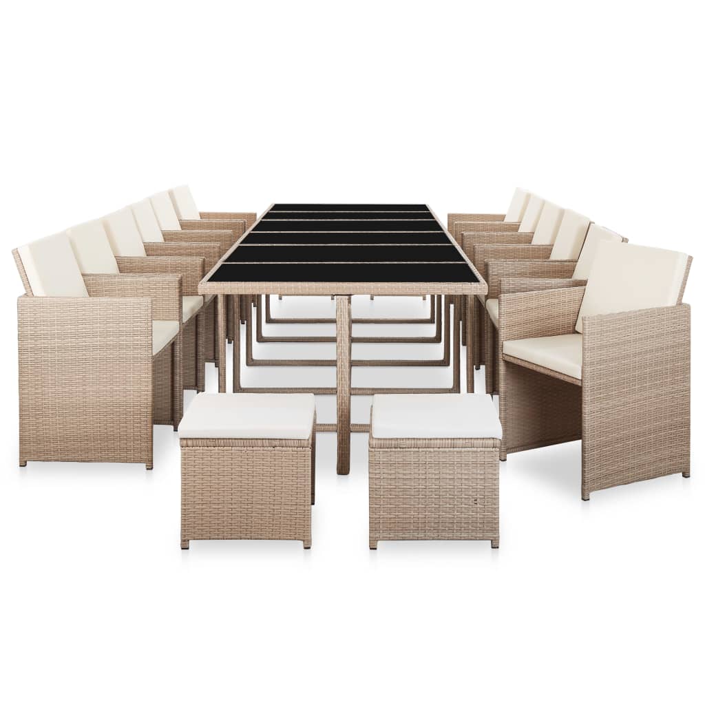 17 Pcs conjunto jantar exterior com almofadões vime PE bege