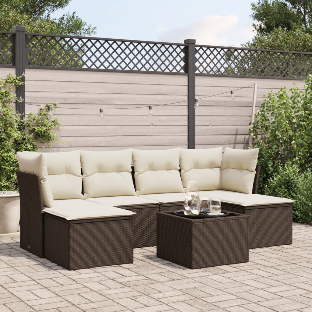 7 Pcs conjunto de sofás jardim c/ almofadões vime PE castanho
