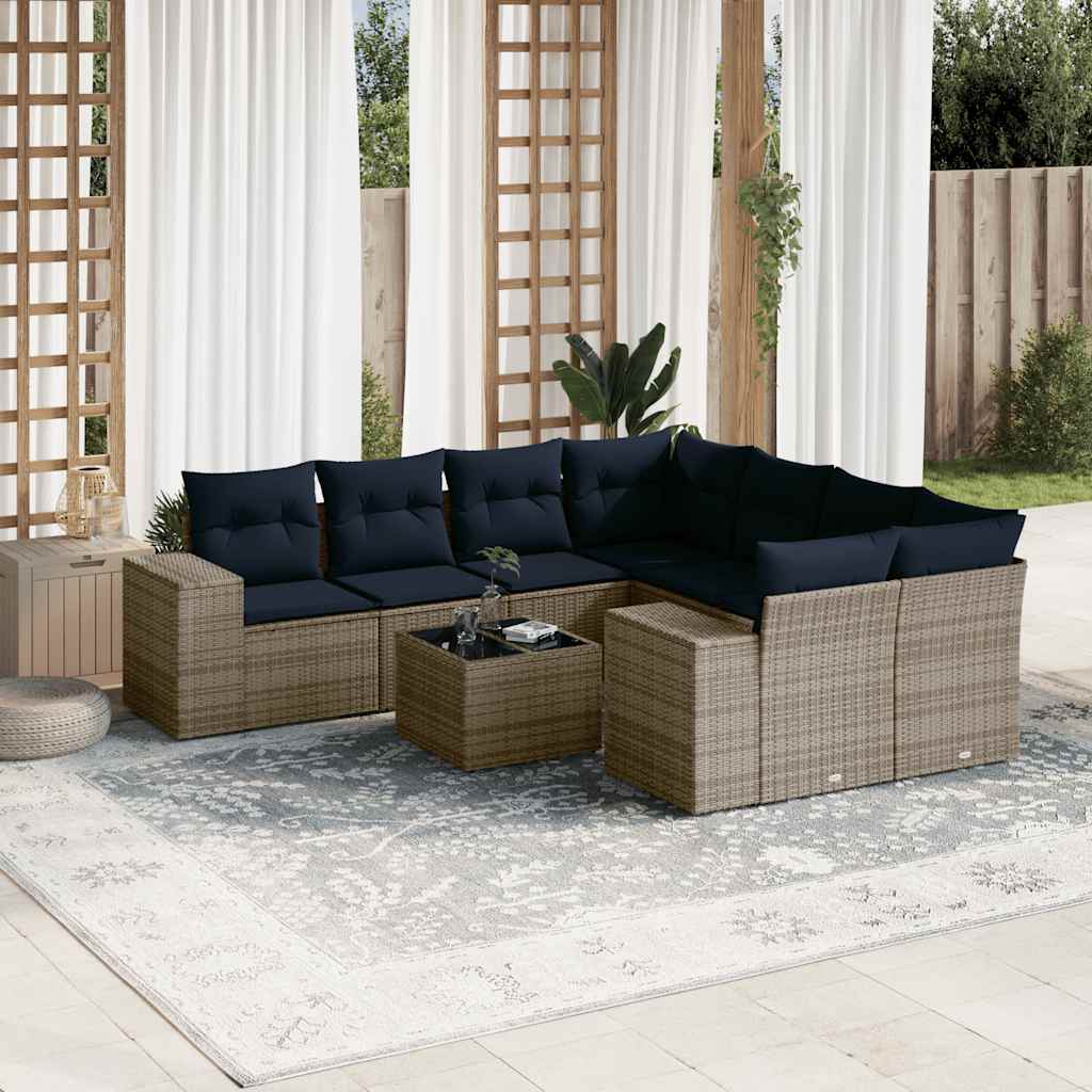 Conjunto de sofá de jardim de 9 peças com almofadas em rattan sintético cinza