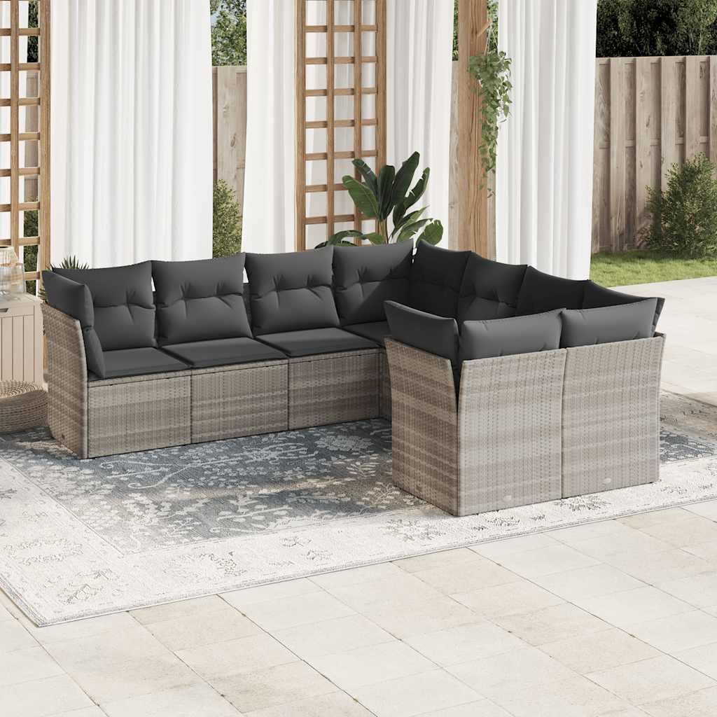 8 Pcs conj. sofás jardim c/ almofadões vime PE cinzento-claro