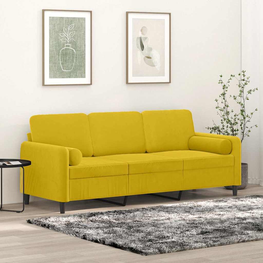 Sofá 3 lugares c/ almofadas decorativas 180 cm veludo amarelo