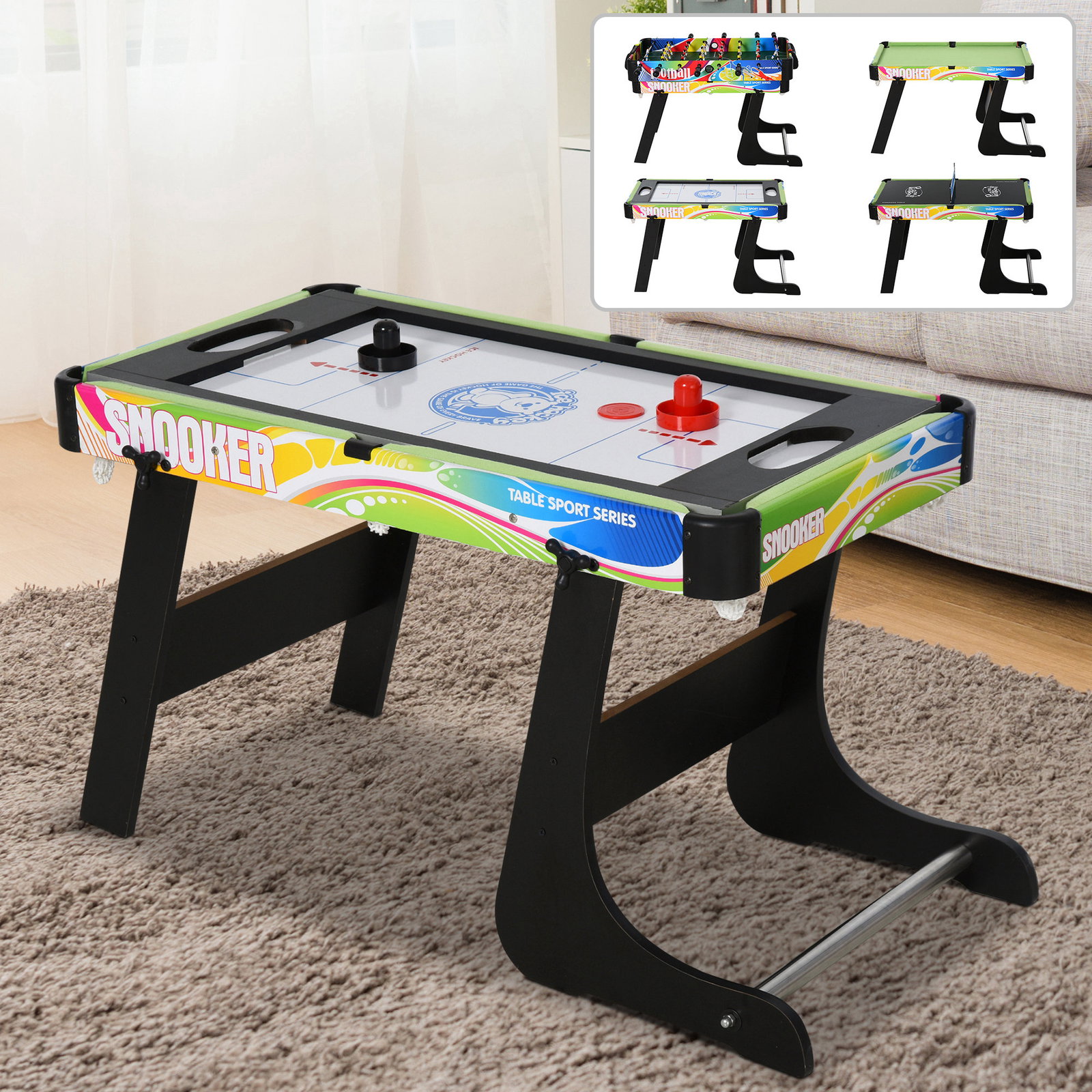 Mesa de jogos dobrável 4 em 1 matraquilhos hóquei de mesa bilhar pingue-pongue e acessórios incluídos 86,5x43,5x64 cm multicor