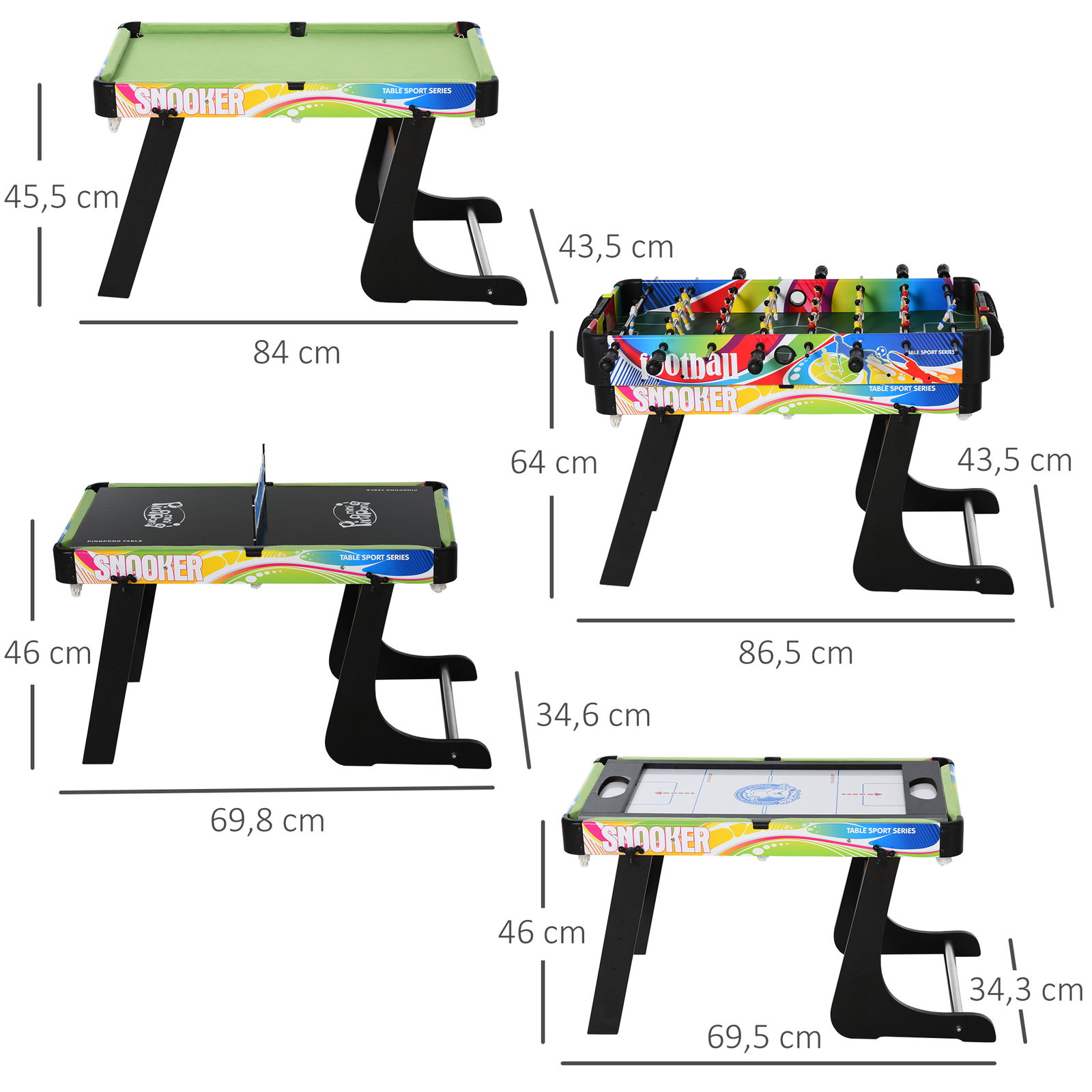 Mesa de jogos dobrável 4 em 1 matraquilhos hóquei de mesa bilhar pingue-pongue e acessórios incluídos 86,5x43,5x64 cm multicor