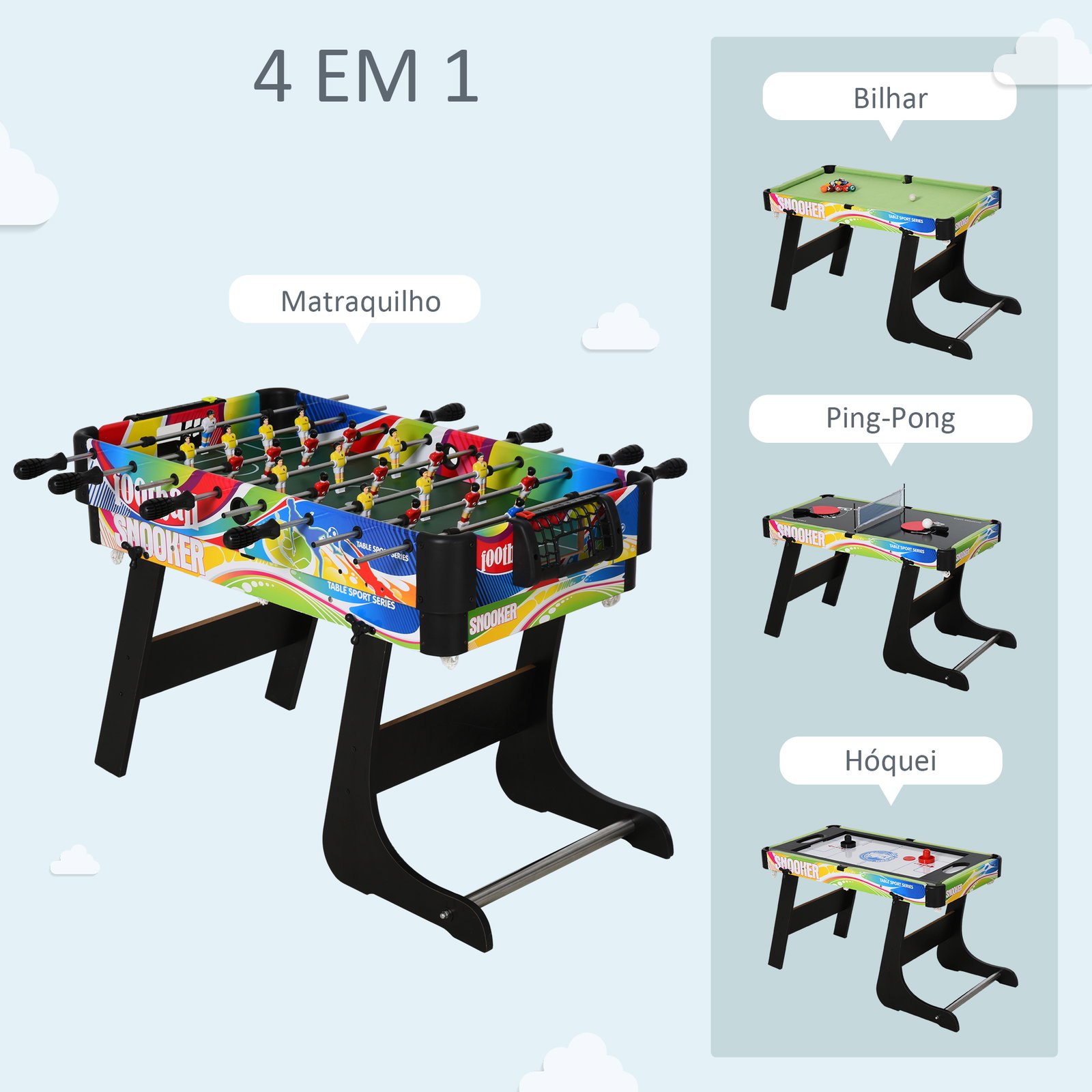Mesa de jogos dobrável 4 em 1 matraquilhos hóquei de mesa bilhar pingue-pongue e acessórios incluídos 86,5x43,5x64 cm multicor