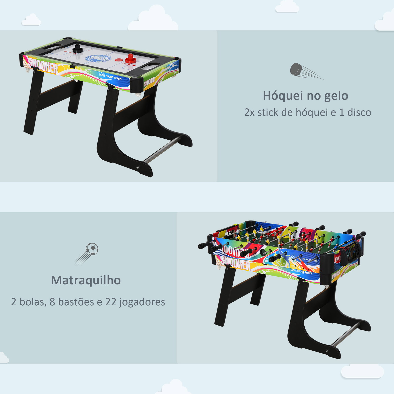 Mesa de jogos dobrável 4 em 1 matraquilhos hóquei de mesa bilhar pingue-pongue e acessórios incluídos 86,5x43,5x64 cm multicor