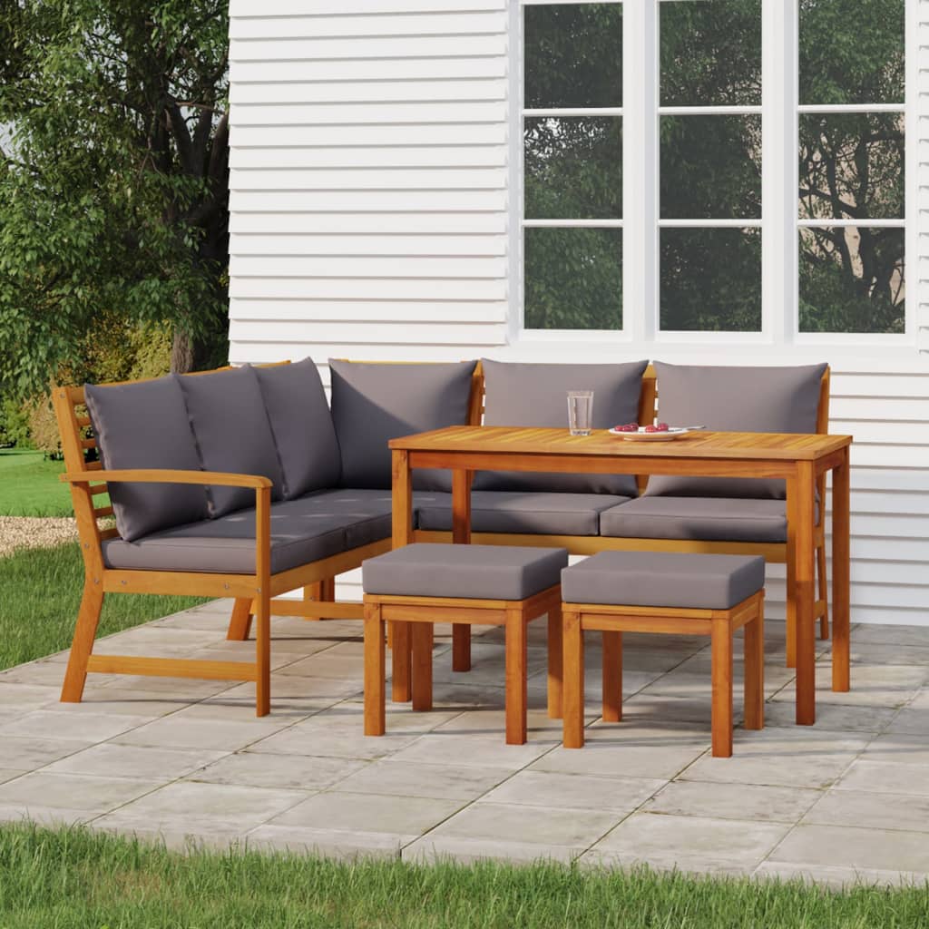 6 Pcs conjunto de jantar p/ jardim c/ almofadões acácia maciça