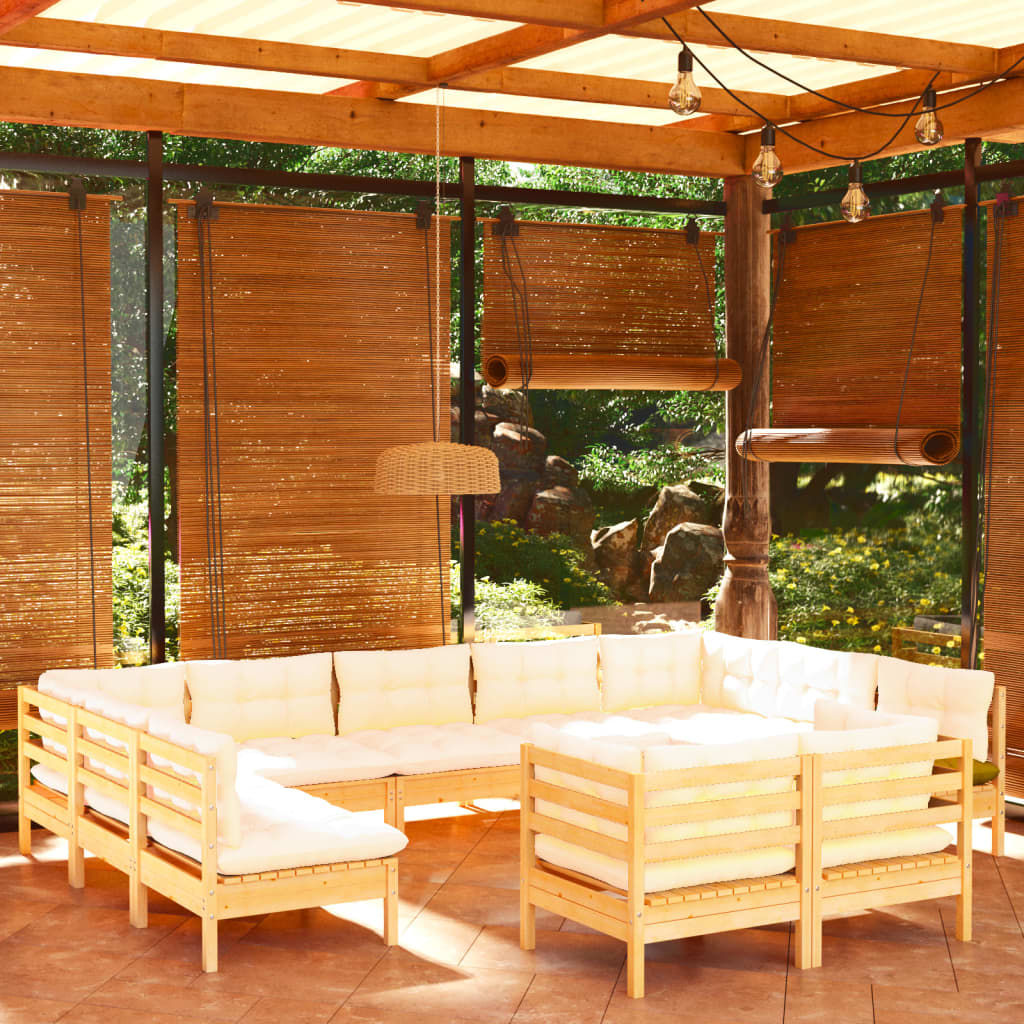 11 Pcs conjunto lounge jardim c/ almofadões creme pinho maciço