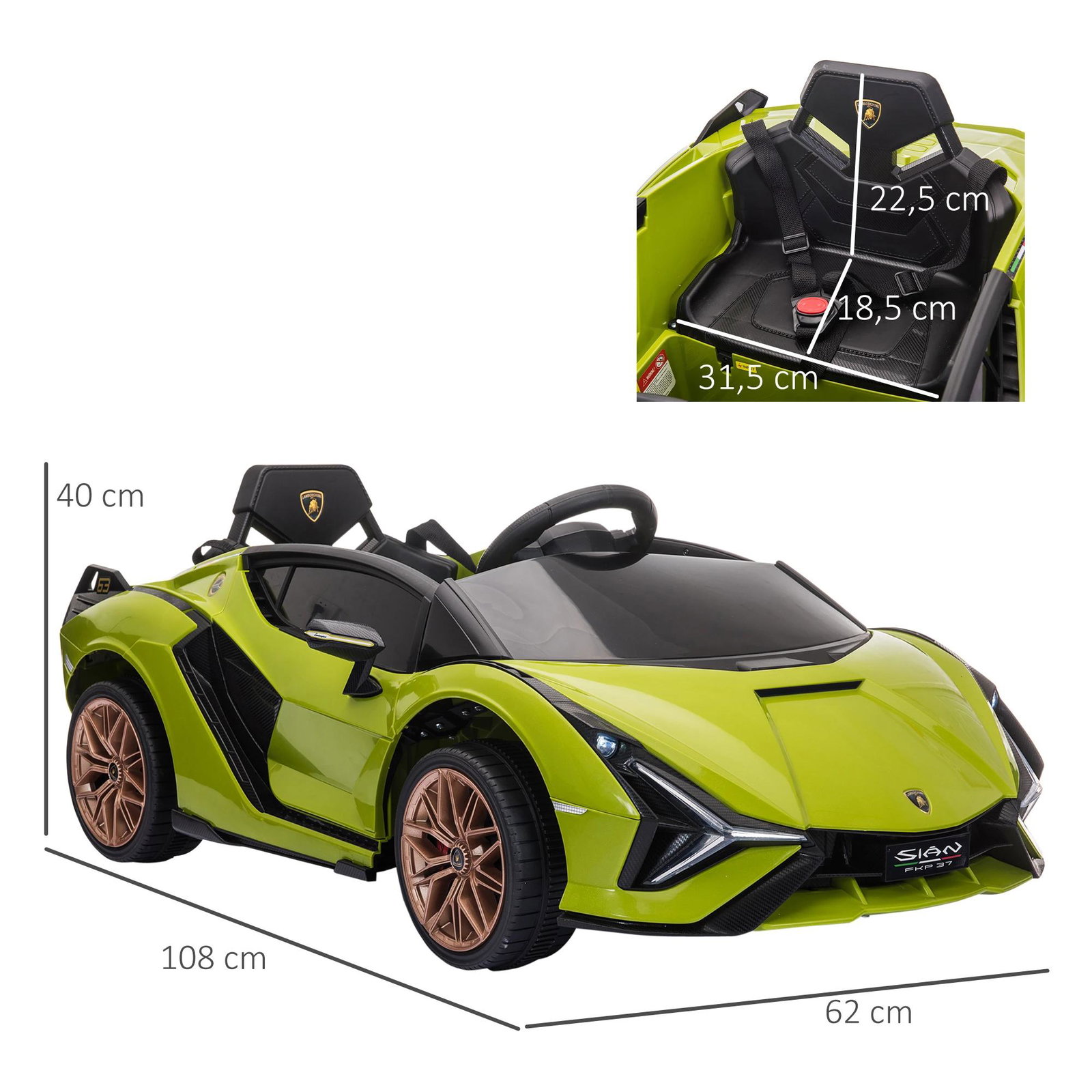 Carro Elétrico Lamborghini SIAN 12V para Crianças de 3-8 anos com Controle Remoto Abertura da Porta Música MP3 USB e Faróis 108x