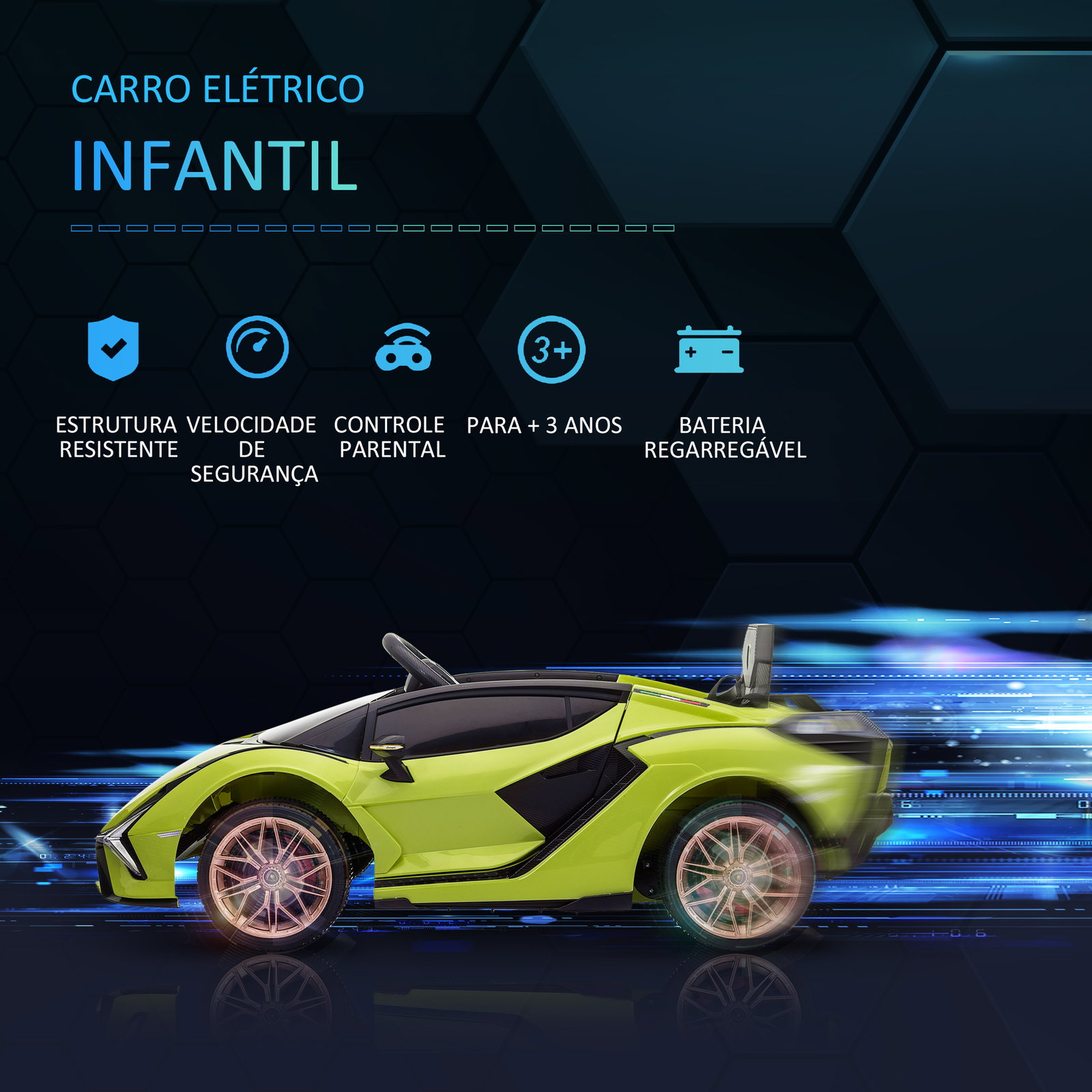 Carro Elétrico Lamborghini SIAN 12V para Crianças de 3-8 anos com Controle Remoto Abertura da Porta Música MP3 USB e Faróis 108x