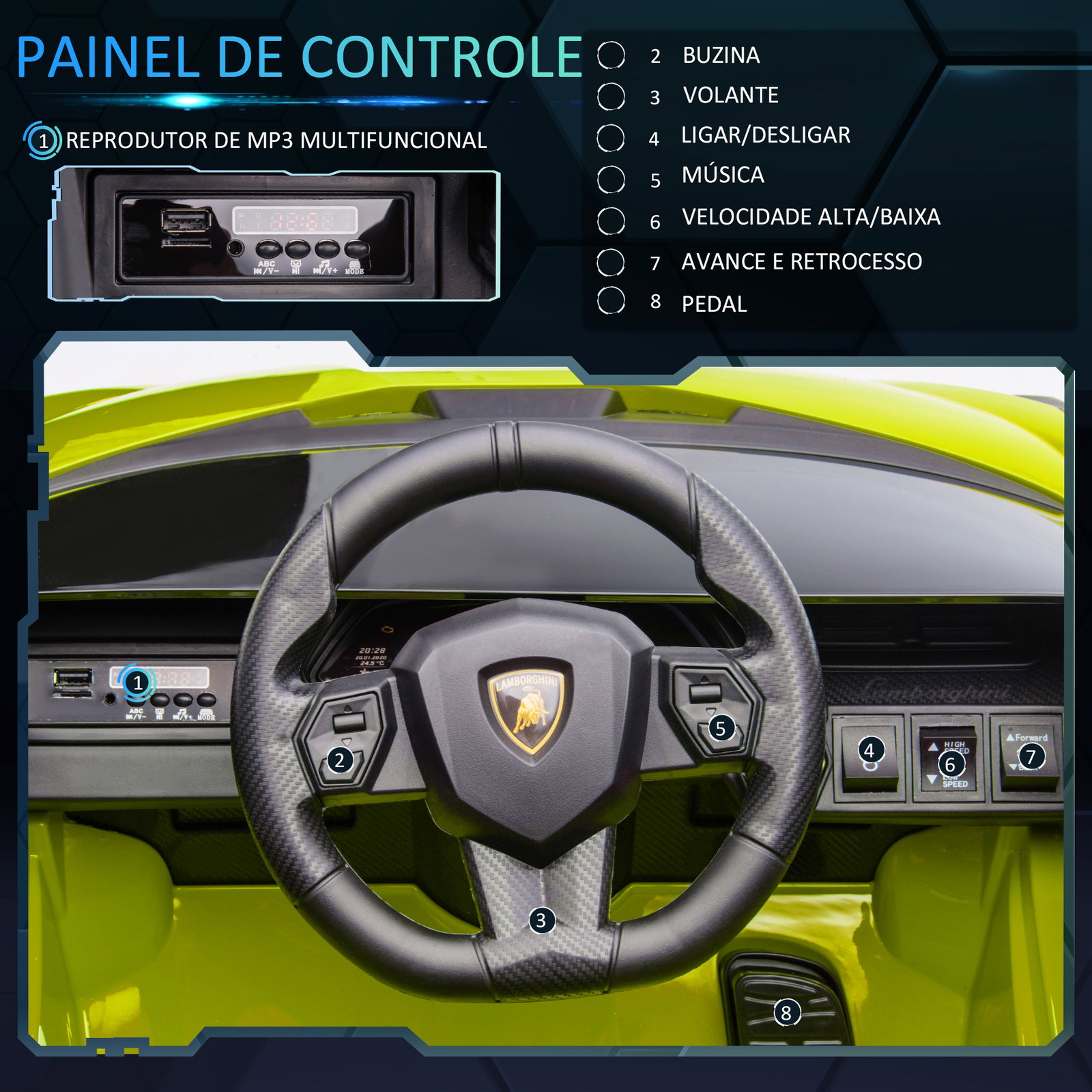 Carro Elétrico Lamborghini SIAN 12V para Crianças de 3-8 anos com Controle Remoto Abertura da Porta Música MP3 USB e Faróis 108x