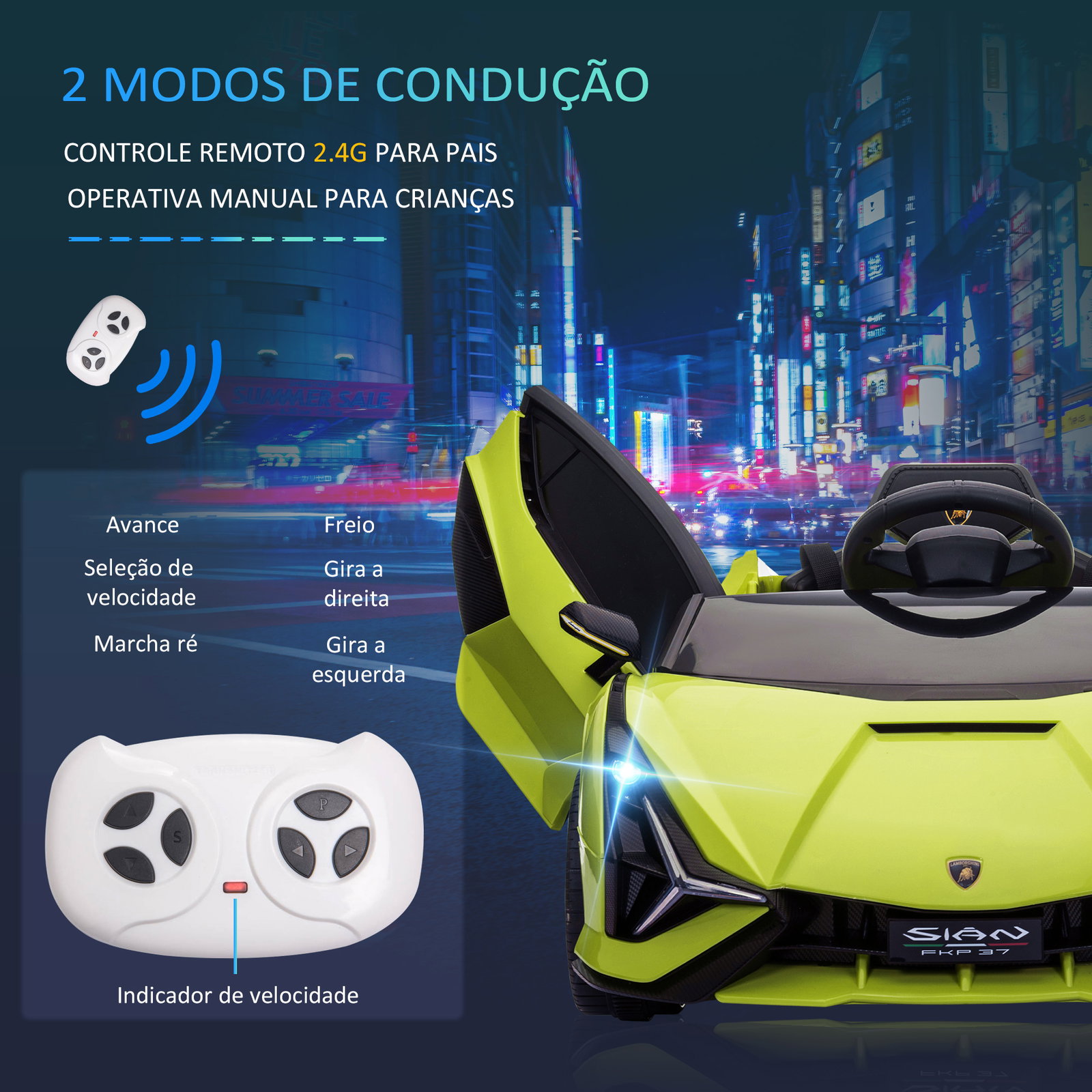 Carro Elétrico Lamborghini SIAN 12V para Crianças de 3-8 anos com Controle Remoto Abertura da Porta Música MP3 USB e Faróis 108x