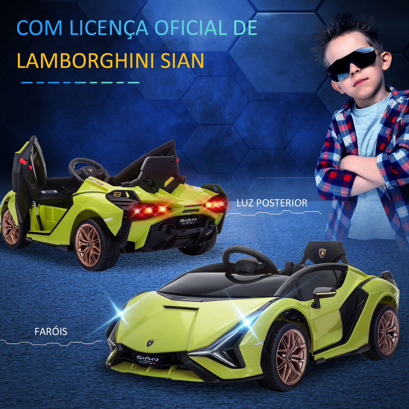 Carro Elétrico Lamborghini SIAN 12V para Crianças de 3-8 anos com Controle Remoto Abertura da Porta Música MP3 USB e Faróis 108x