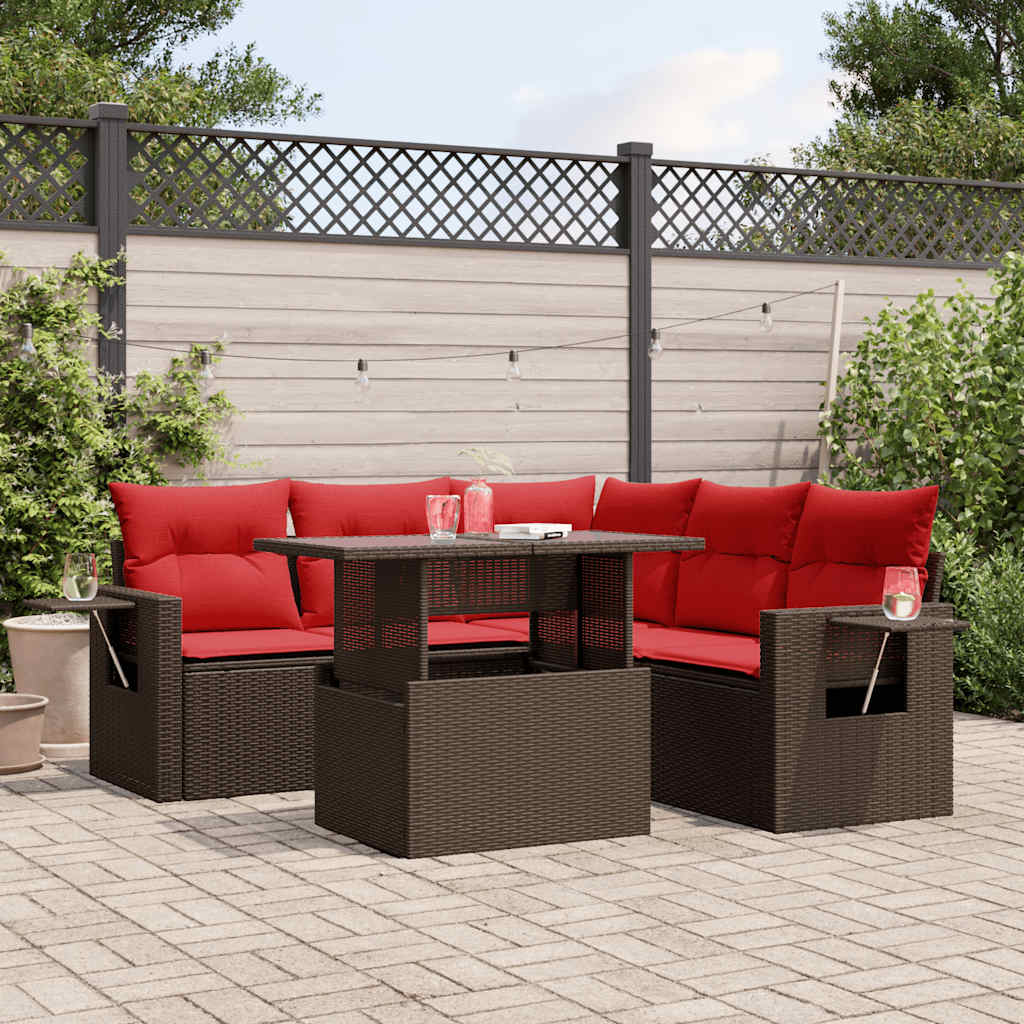 Conjunto de sofá de jardim com 6 peças e almofadas em rattan sintético marrom