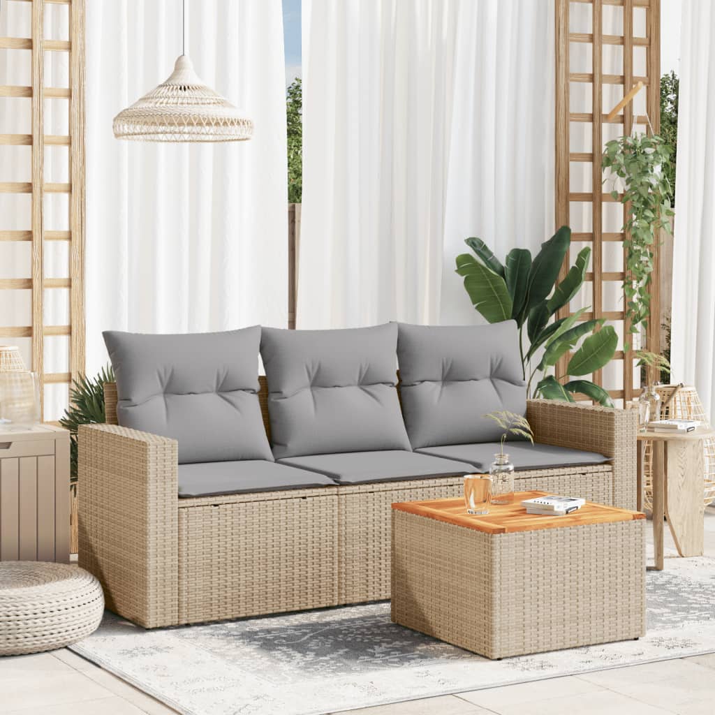 4 Pcs conj. sofás jardim c/ almofadões vime PE bege misturado