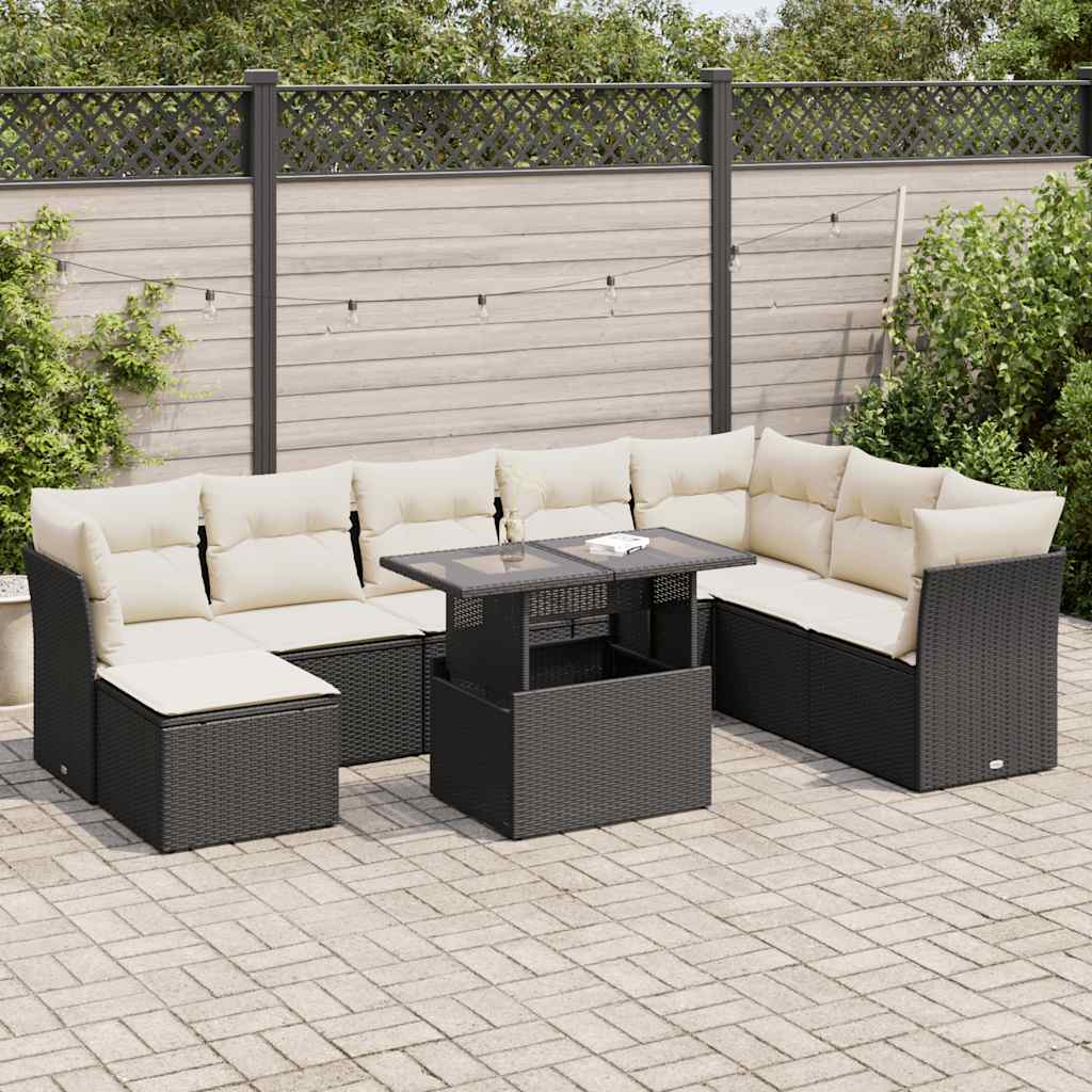 9 Pcs conjunto de sofás p/ jardim c/ almofadões vime PE preto