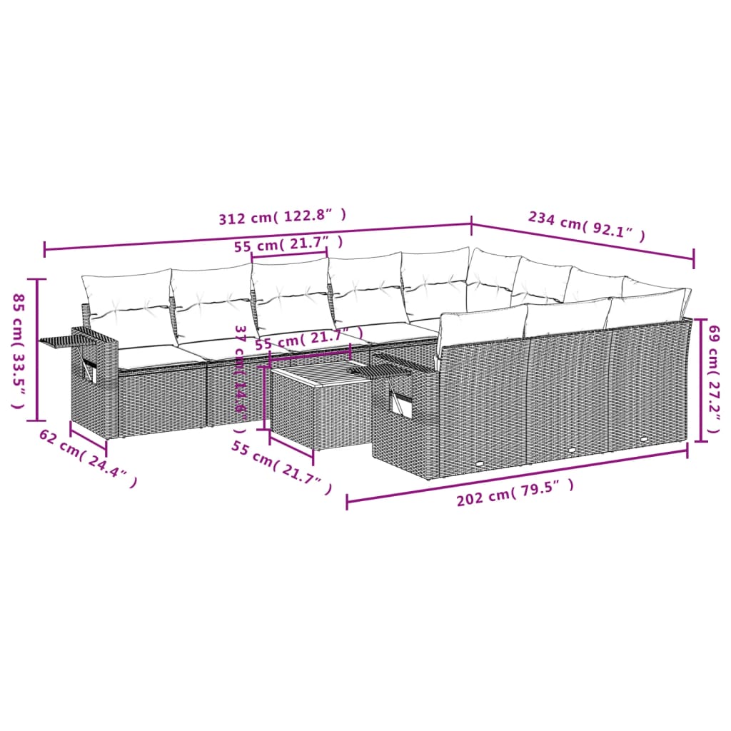 11 Pcs conjunto sofás de jardim c/ almofadões vime PE preto