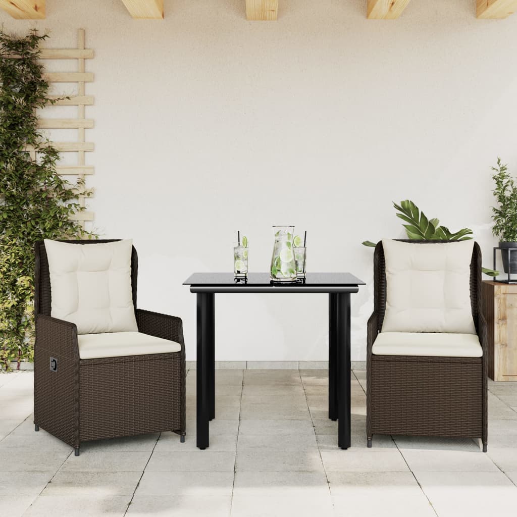 3 Pcs conjunto jantar p/ jardim c/ almofadões vime PE castanho