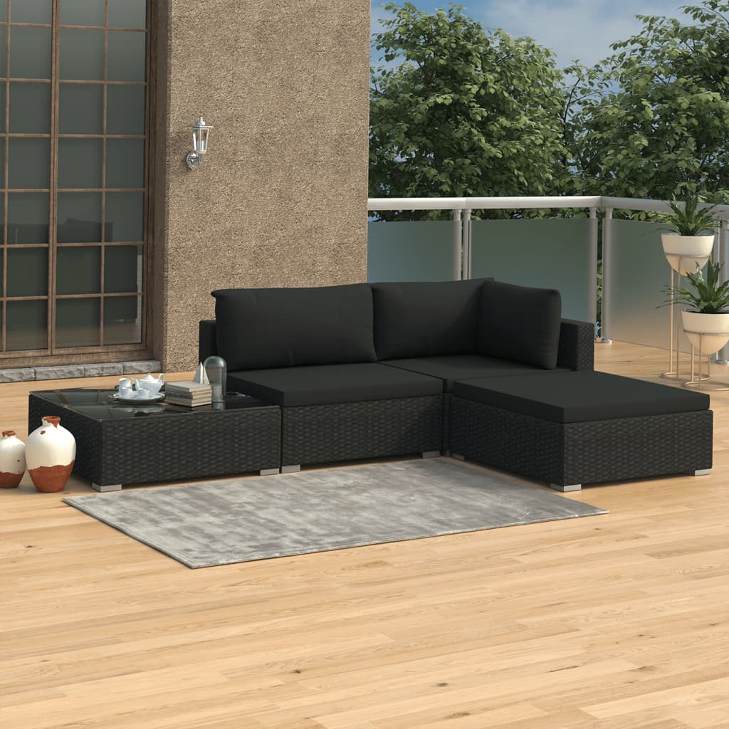 4 Pcs conjunto lounge de jardim c/ almofadões vime PE preto
